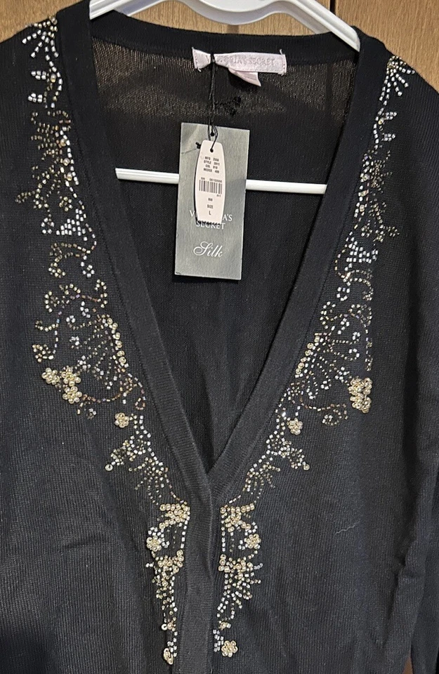 Cárdigan de Seda Victoria’s Secret Estilo Suéter Top (L) Negro ¡Nuevo Con Etiquetas!! Foto 3 de 4