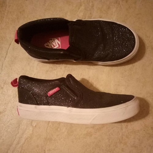 VANS Kid's Girl's "Missy" Black Canvas Shoes with Glitter Slip-On Loafers 13M