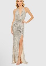 NEW Mac Duggal Silver Sequined Halter Strap Trumpet Gown – Style 5759 – Size 8