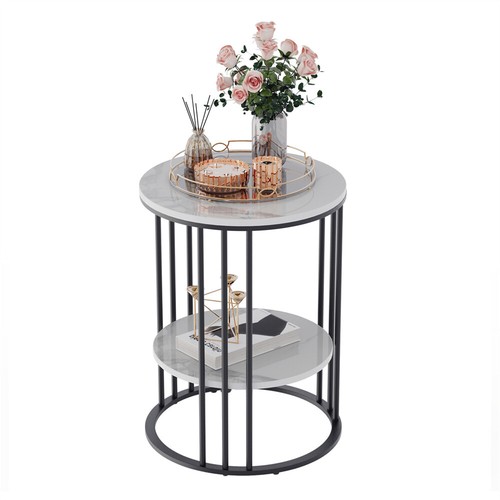 Retro Round Marble Side Table High Low Two-layer Shelf Storage Living Room Deco - Picture 11 of 12