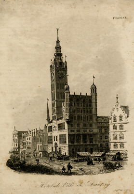 Antiker Druck-TOPOGRAPHIE-RATHAUS-DANZIG-DANSK-POLEN-Anonym-ca. 1840