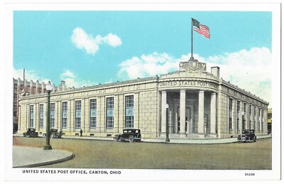 United States Post Office Building Canton OH postcard 1920s 30s cars street view