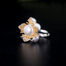 I04 Ring Blüte mit weißer Perle Silber 925 vergoldete Staubblätter verstellbar