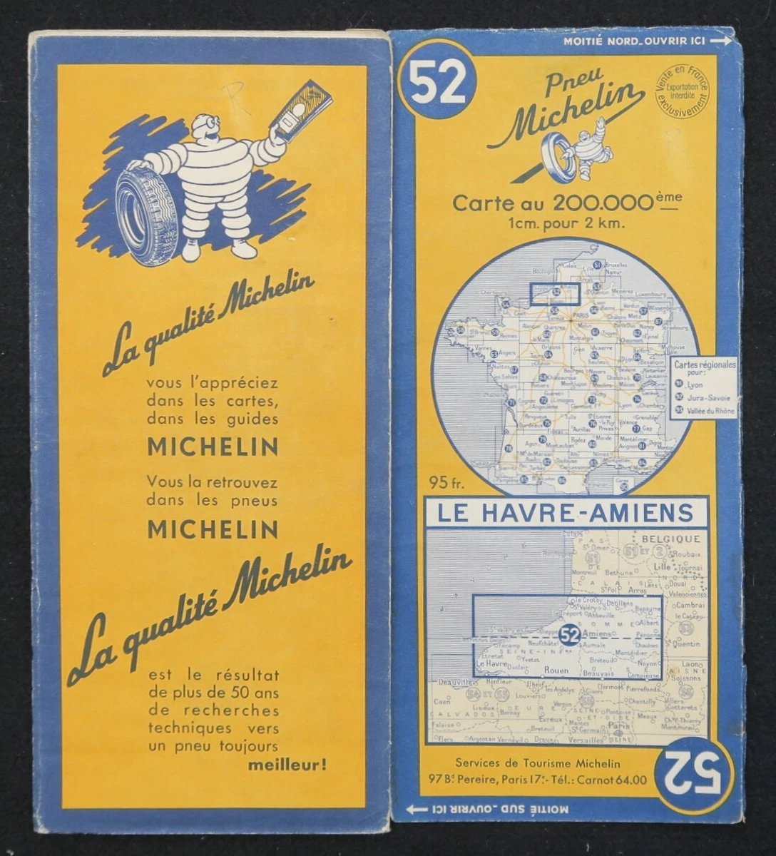 Ancienne Carte Routière Michelin N°52 - Le Havre / Amiens - 1953 - Bon état