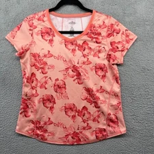 St John's Bay Active Womens T-Shirt Pink Floral V-Neck Short Cap Sleeve Size PM
