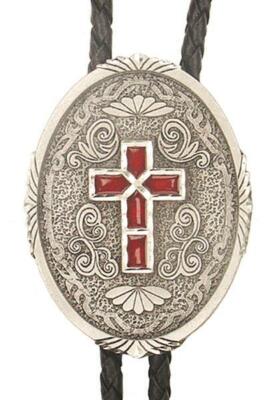 Western Cross Religious Christian Bolo Tie Pewter Red Enamel MADE IN USA