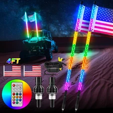 2x 4FT RGB LED Flat Whip Lights Antenna Remote for Polaris RZR ATV Can-Am X3 UTV