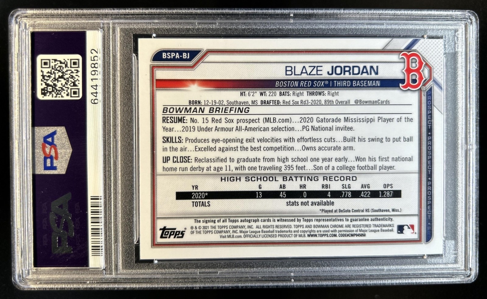 2021 Bowman Sapphire Blaze Jordan Chrome Auto Autograph #BSPA-BJ Red Sox PSA 9 view 2
