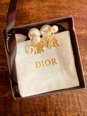 Vintage CHRISTIAN DIOR Gold - Tone Crystal Faux Pearl Dangle Pieced Earrings