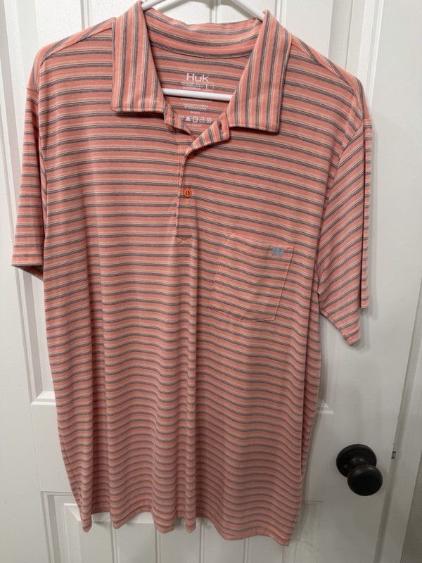 Huk Men's Striped Polo Shirt Pink Blue White Large Short Sleeve Pocket Polyester