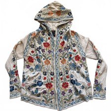 Johnny Was Biya Embroidered Cardigan Short Sweater Hooded Boho Women's Small