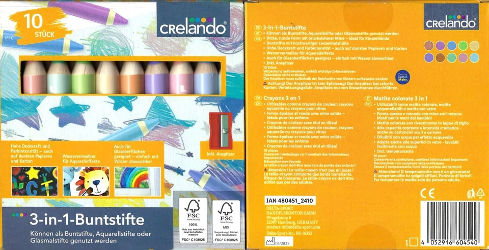 10 Stück 3-in-1-Buntstifte mit Anspitzer Pastellfarben-Neu & OVP von Crelando