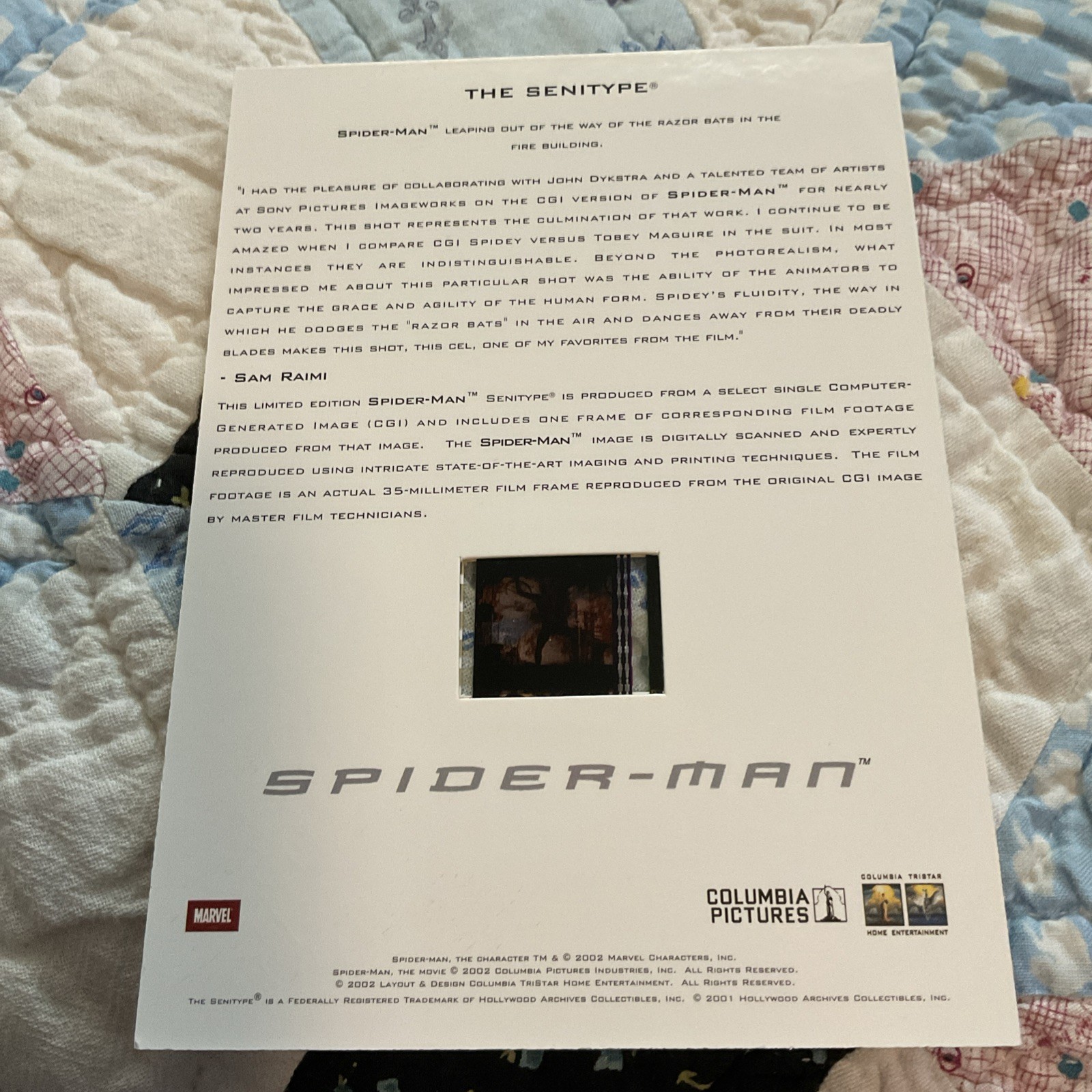 Spider-man movie memorabilia film frame senitype leaping out of the way 2002