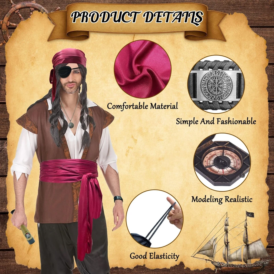 9 PIEZAS Accesorios de Disfraz de Pirata para Hombre Mujer Bandana, Pañuelo para la Cabeza, Faja, Cintura C... Foto 3 de 4