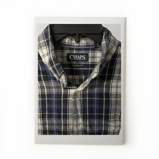 CHAPS Mens Lg Button Down Blue &White Plaid Lined Long Sleeve Cotton Dress Shirt
