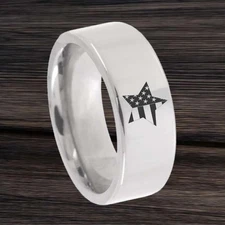 Pipe Cut Gray Titanium American Flag Star Rings