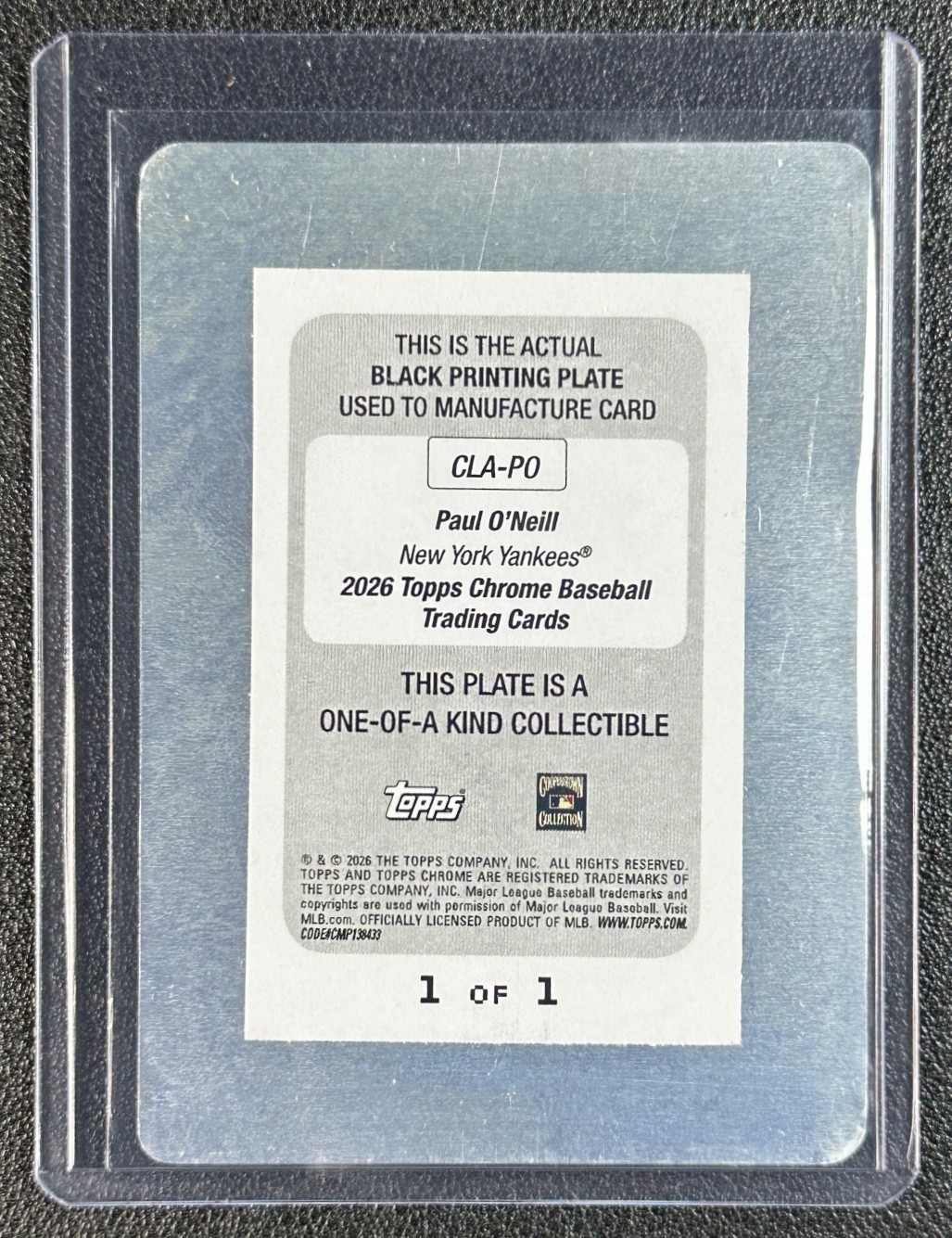PAUL O'NEILL 2026 TOPPS CHROME LEGENDS BLACK PRINTING PLATE AUTO 1/1 view 2