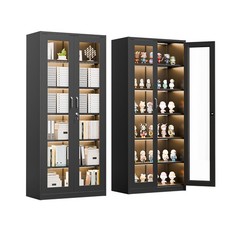 71" Tall Lockable Display Cabinet Curio Cabinet Bookshelf with Glass Doors Black