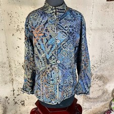 Chicos Denim Jacket Beaded Sequin Paisley Button Loops Mandarin Collar Size 2 L