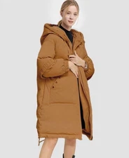 nap brand Oversized Hooded Down Puffer Coat Parka Brown Silk Size SM