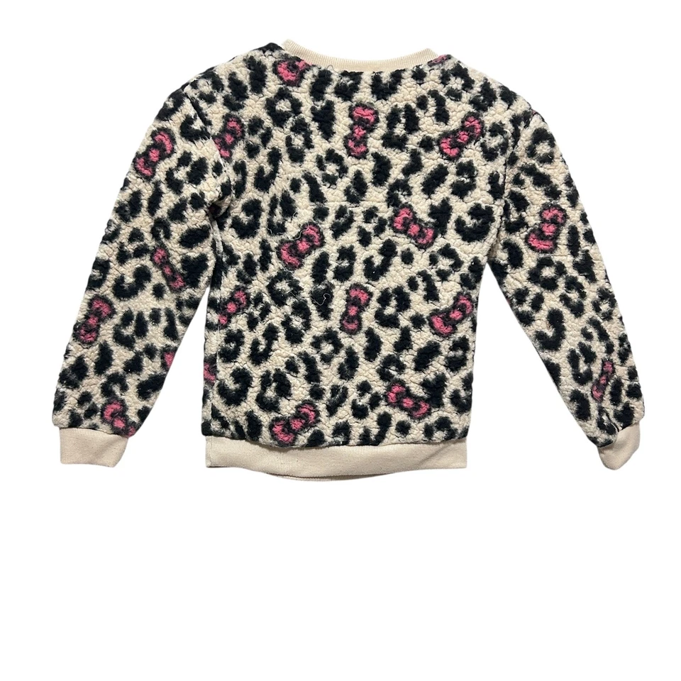 Hello Kitty Girls Sweatshirt 8/10 Leopard Print Fuzzy Pullover Sequin Bow Cozy - Image 2 of 4