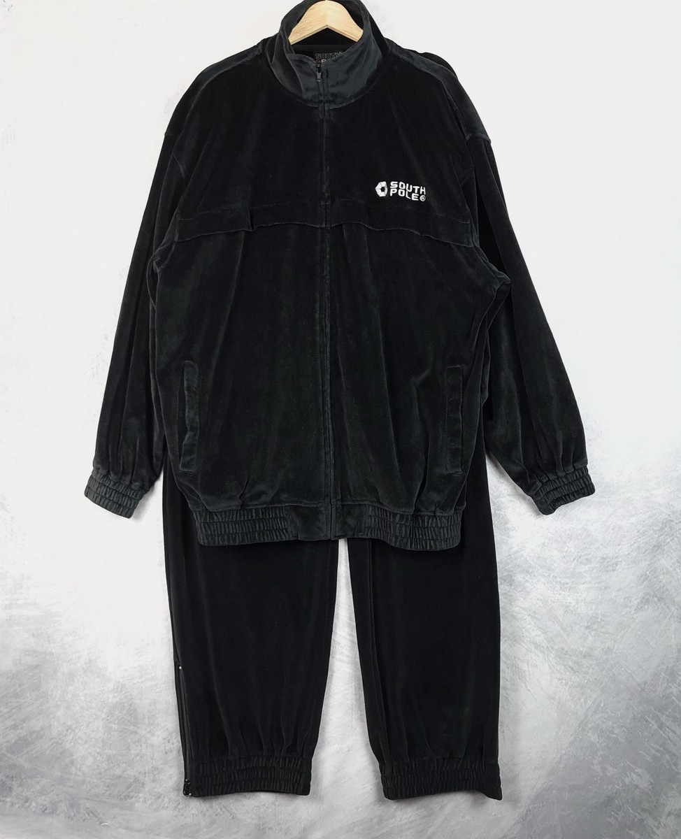 South Pole Track Suit Mens XL Black Velour Full Zip Jacket Pants