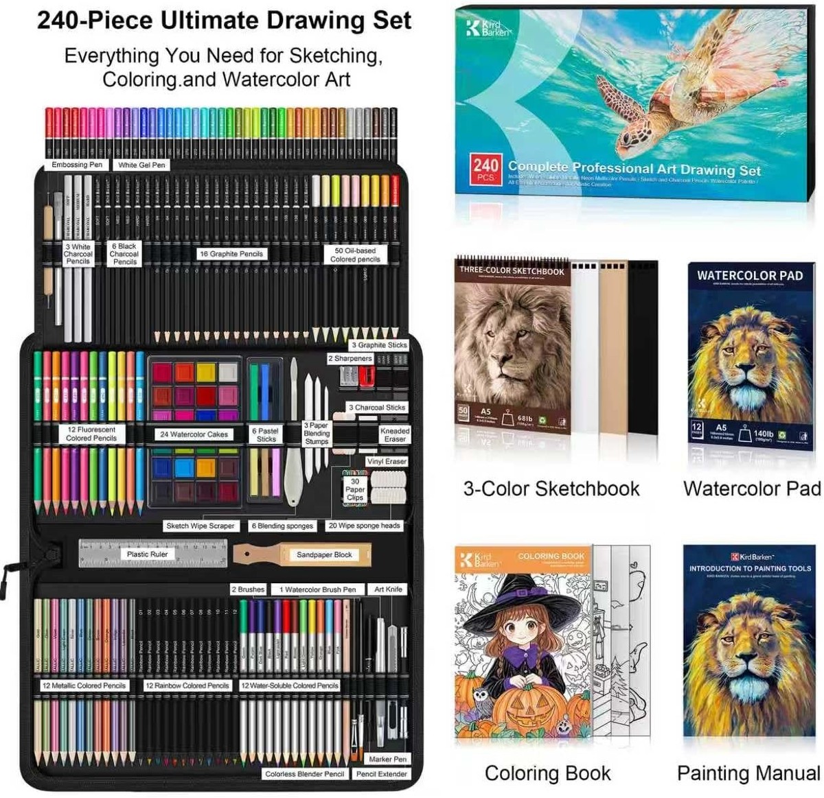 240PCS Artists Art Supplies Drawing Kit with 3 Sketchbook Coloring