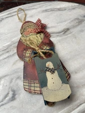 Primitive Wooden Santa Snowman Sled Ornament Country Folk Art Christmas 6.5"