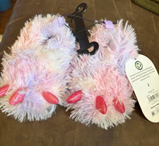 Wonder Nation Girls Faux Fur Slip-On Slippers, Paw Print Soles, Size 2