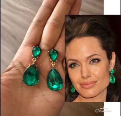 Green Earrings Gold Long Rhinestone Crystal Pageant Dangle Teardrop