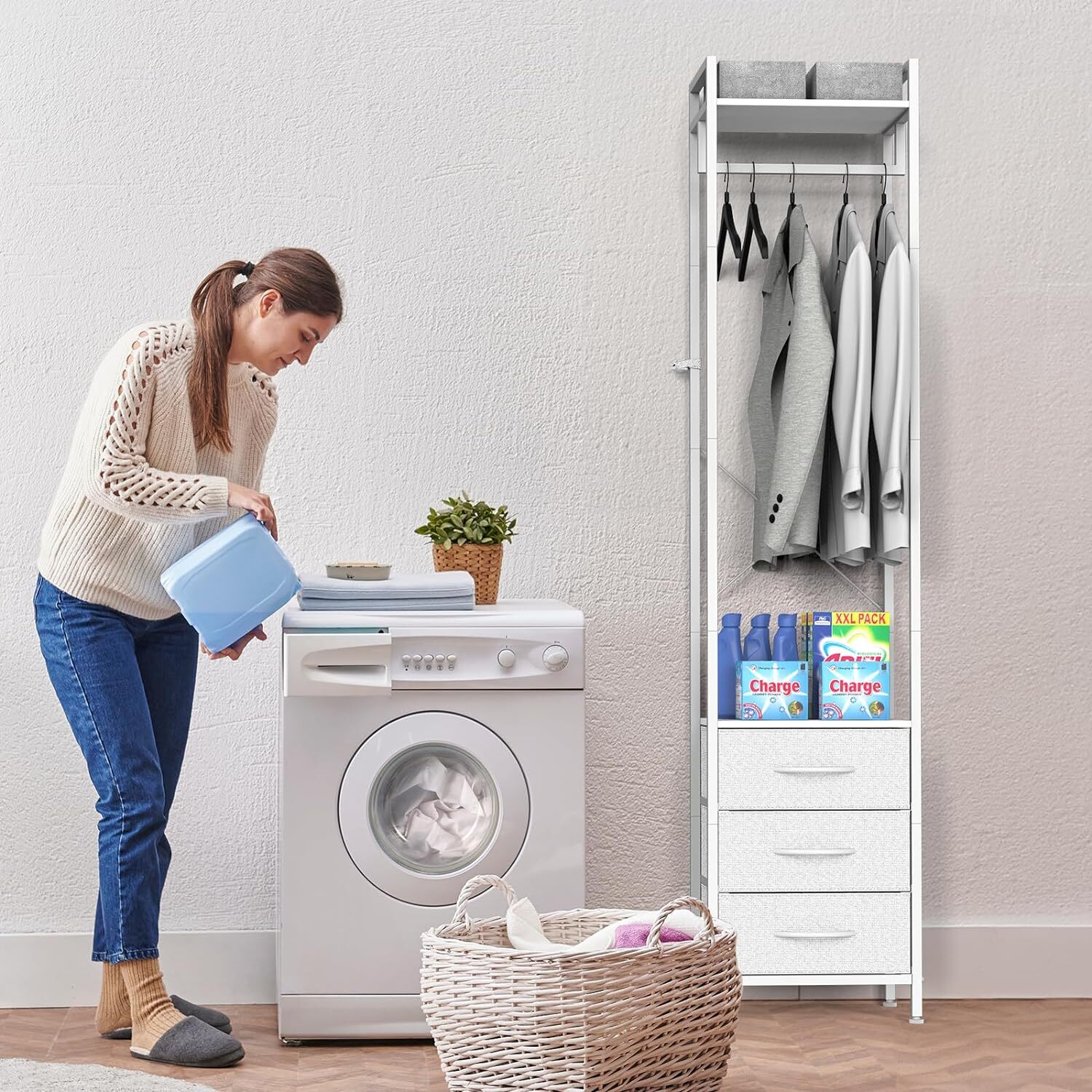 White Clothes Rack with 3 Drawer Storage Hanging Clothes Heavy Duty Garment Rack-image