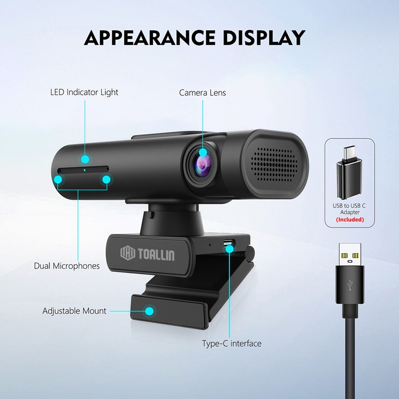 TOALLIN 2K Auto Tracking AI Gesture Control PTZ Camera Dual Mic Streaming Webcam