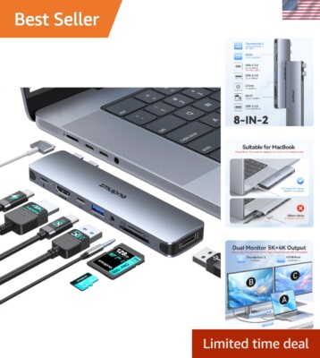 Portable 8-in-2 USB C Docking Station for MacBook Pro Air, 40Gbps Transfer