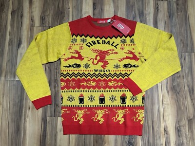 Men's Shinesty Fireball Logo Ugly Tacky Christmas Knit Sweater SZ Med Red Yellow