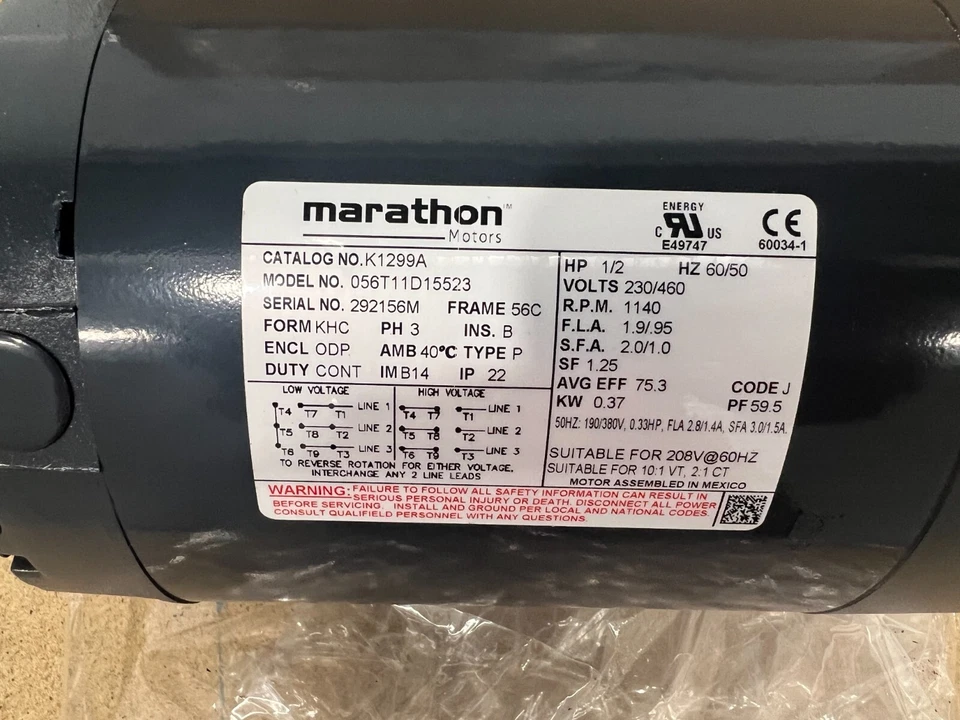 Marathon Motors 056T11D15523, 1/2 HP Motor, 1140 RPM, 230/460V, 3 Phase, K1299A - Image 2 of 4