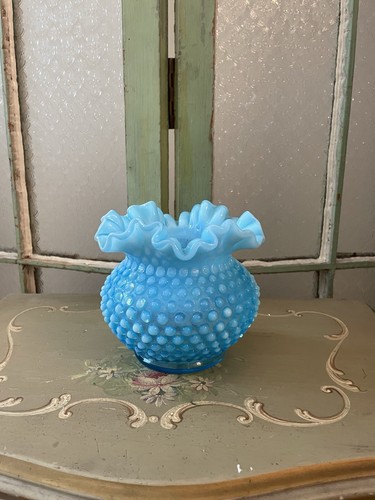 Vintage Fenton Blue Opalescent Hobnail Glass Vase with Ruffled Edge 5 ...