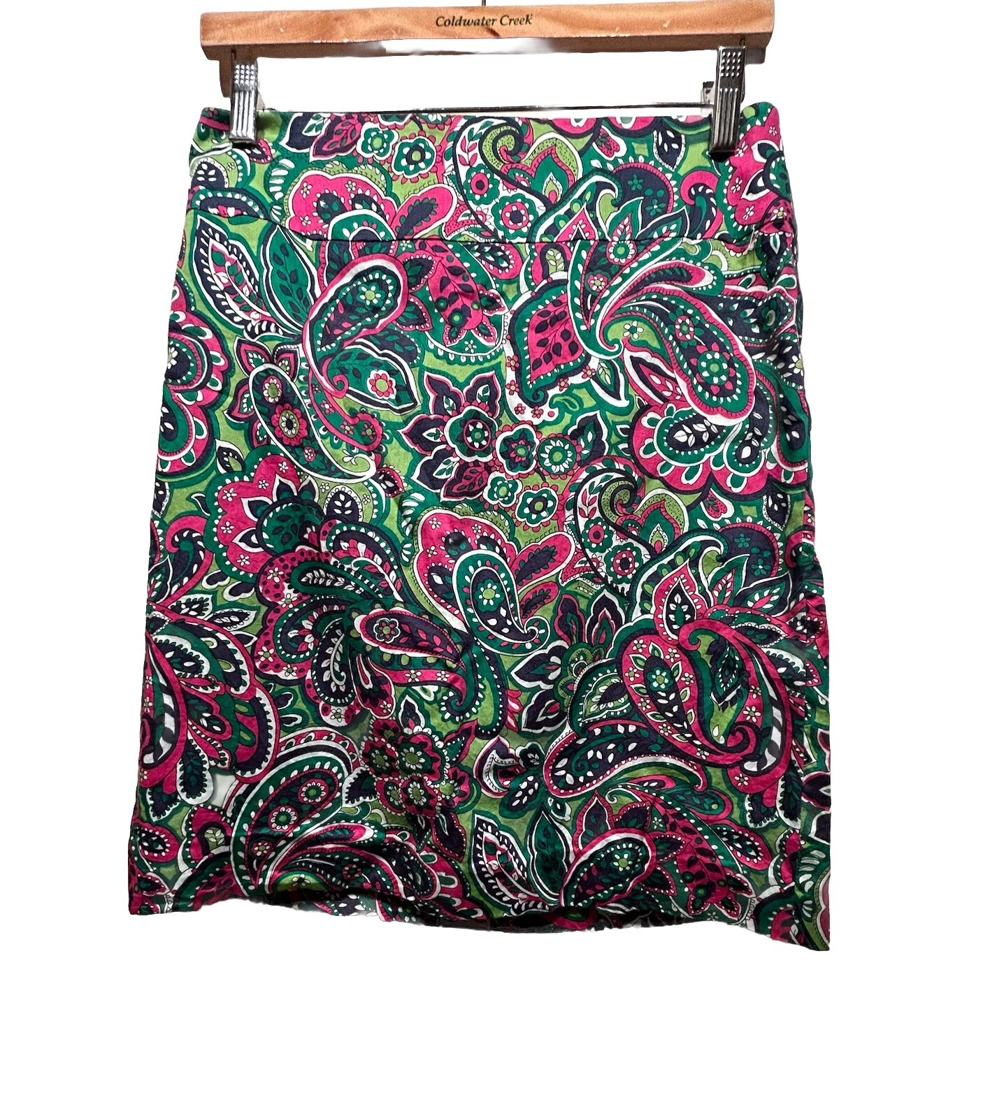 Talbots Pencil Skirt Pink Green Paisley Cotton Knee Length Size 4 S
