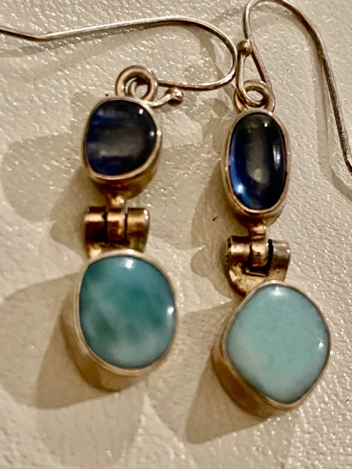 不对称纯银门铃耳环和戒指 Larimar 蓝色宝石 — 第 3/4 张图片