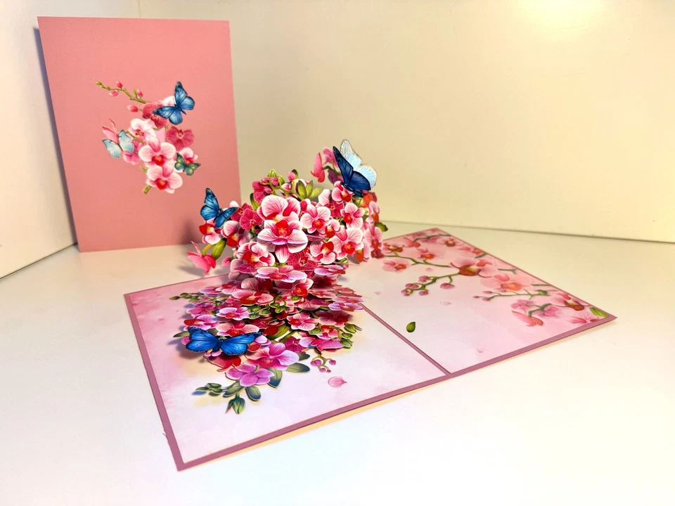 ORIGAMI POP CARDS Purple Orchid Garden with Butterflies Happy Birthday 3D Pop Up — 第 2/4 张图片
