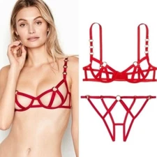 XL Victoria’s Secret red harness caged banded strappy bra set cheekini panties