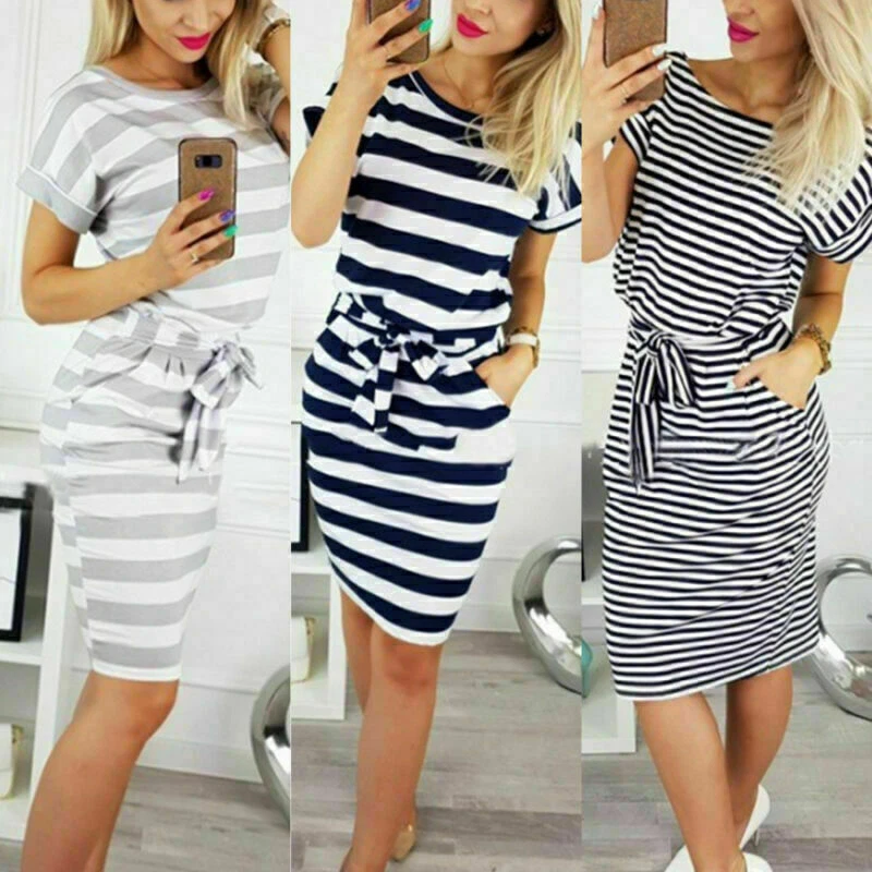 Women s Short Sleeve Bodycon Mini Dress Striped Summer Tie Belt T Shirt Dress