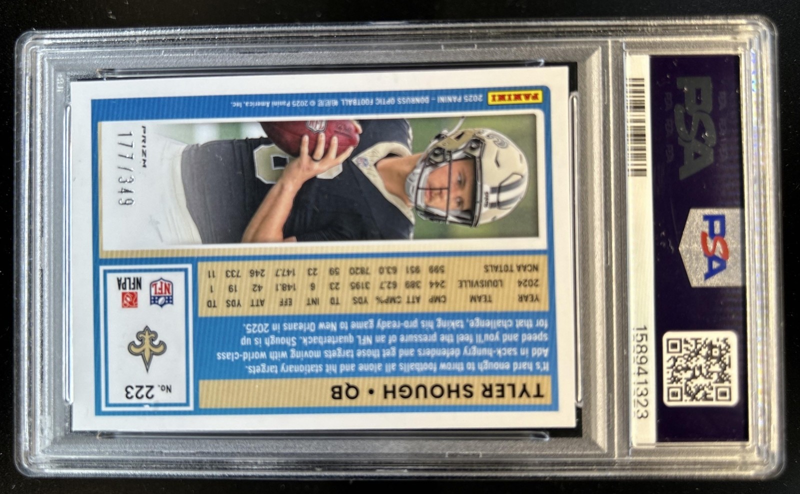 2025 Panini Donruss Optic Tyler Shough Rated Rookie Aqua Prizm #/349 PSA 10 view 2