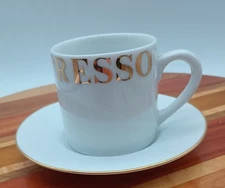 PIER 1 Imports White Demitasse Espresso 3oz. Mug Cup & Saucer Porcelain Set Gold