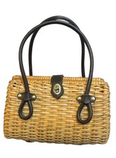 Vintage 50s 60s MCM Coated Wicker Purse Leather Trim Rockabilly Basket Woven