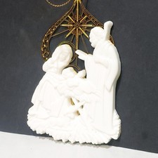 Mary Joseph Baby Jesus in Manger Nativity Christmas Ornament 4.5" Resin Metal