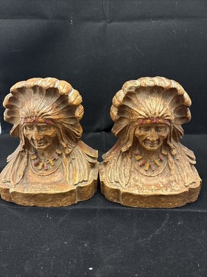 Antique Native Chief Bookends Syrocco Wood Rustic Charm Den Library