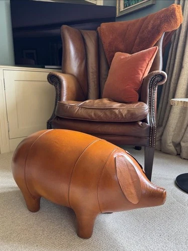 Vintage Style Handmade Genuine Leather Pig Footstool / Stool - 70cm Long
