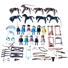 Geobra PlayMobil Western Figures Lot of 50 Cowboy Indian Horse Spear Rifle Bow
