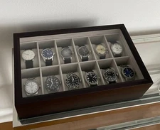 CASE ELEGANCE Solid Espresso 12 Slot Wood Watch Box Organizer with Glass Disp...