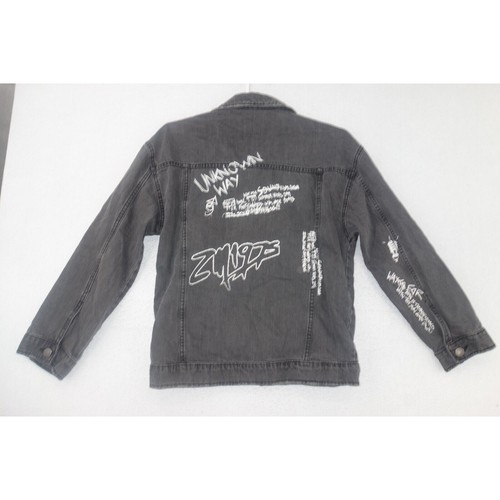 NEW Zara Girls Graffiti Gray Distressed Denim Button Jean Jacket Size 13/14 - Picture 9 of 11